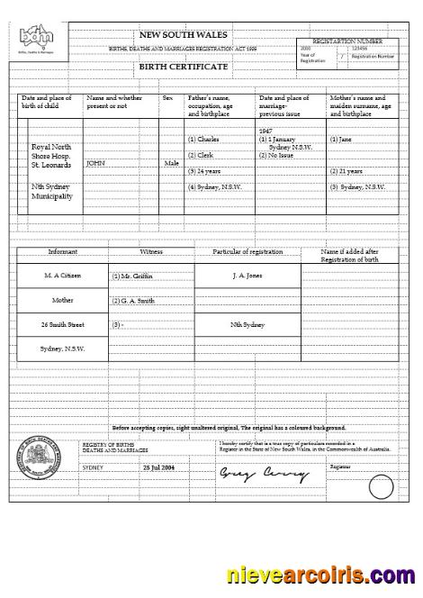 Australia New South Wales birth certificate, version 1